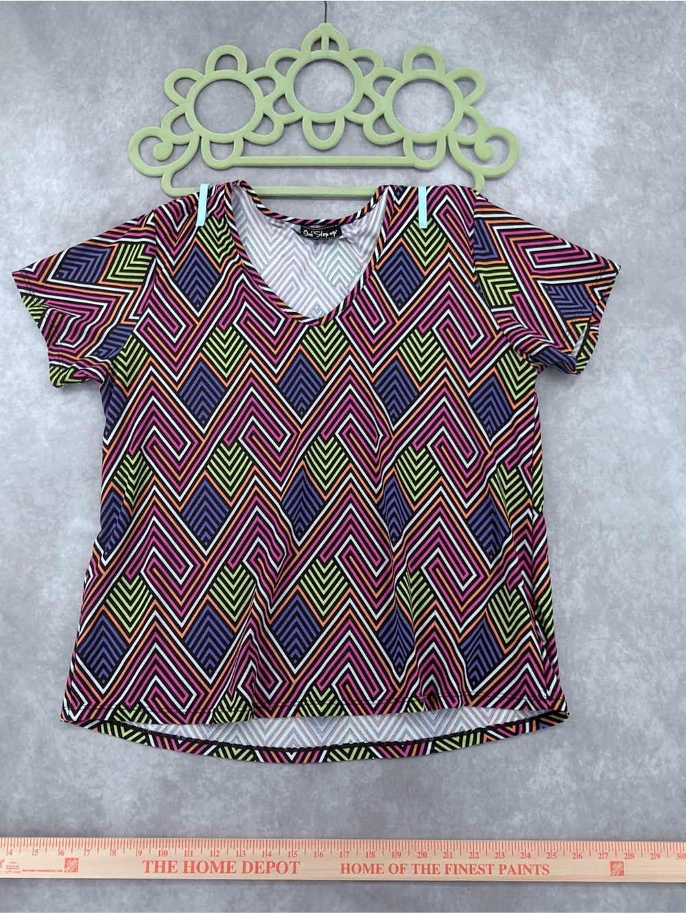 One Step Ahead Geometric V-Neck Short Sleeve Top - Pink, Purple, Lime